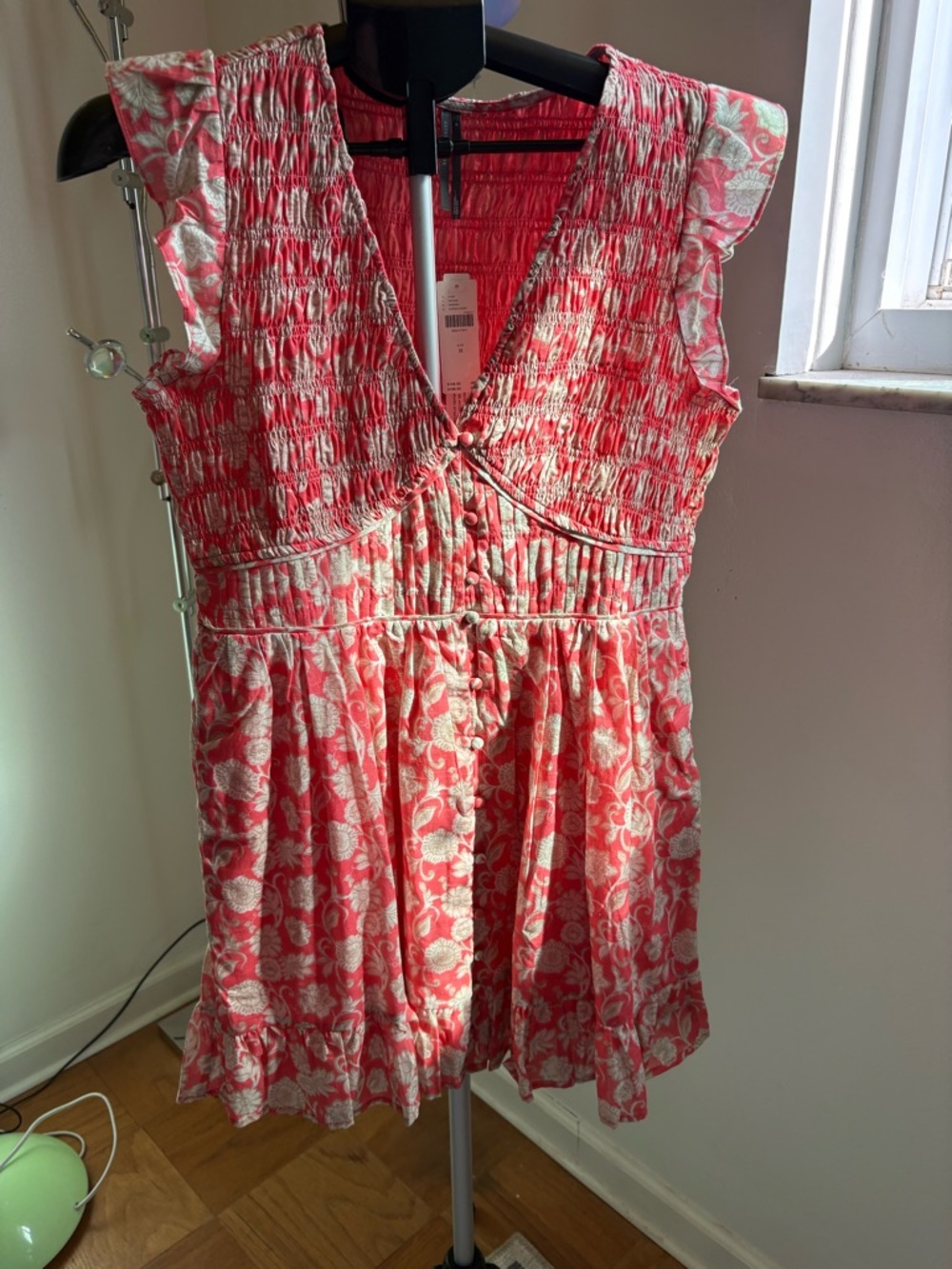Anthropologie Peregrine Mini Dress Coral Floral Smocked Flutter Sleeve